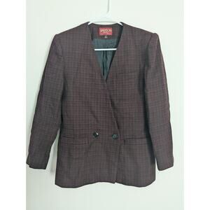 Vtg 80s Burgundy Houndstooth Wool Blazer Petite 6 Power Shoulder Career Jacket